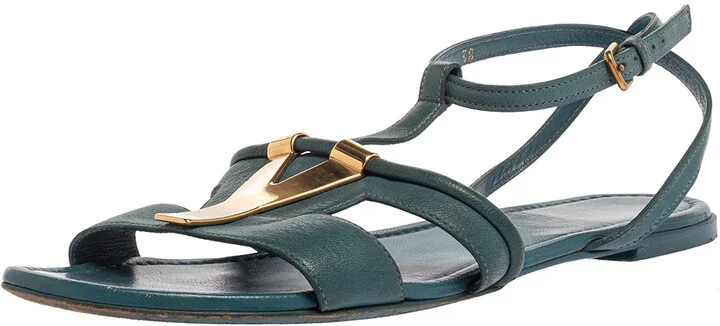 Saint Laurent Paris Blue Leather Ycon Ankle Strap Flats Size 38