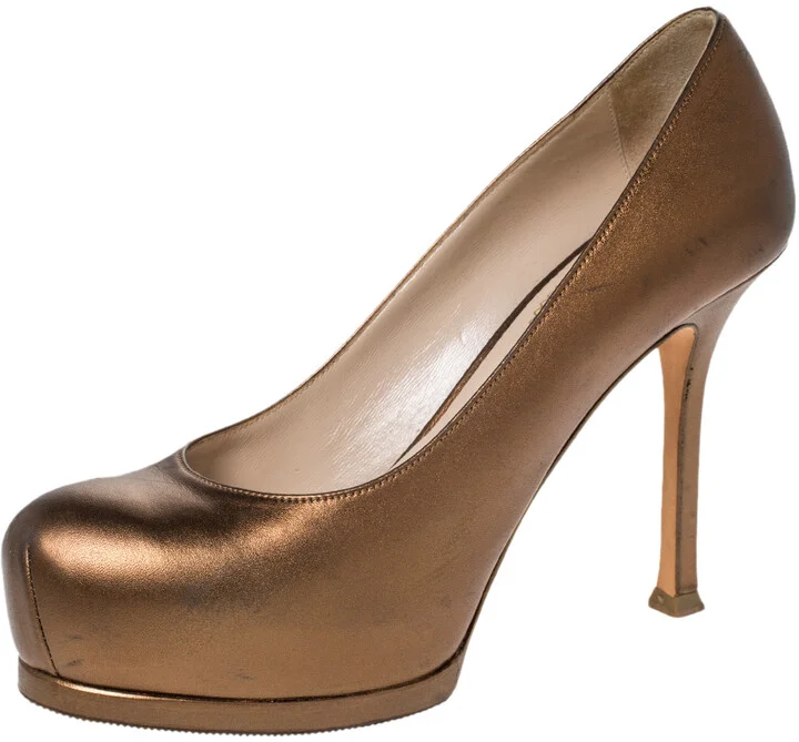 Saint Laurent Paris Bronze Leather Tribtoo Platform Pumps Size 35