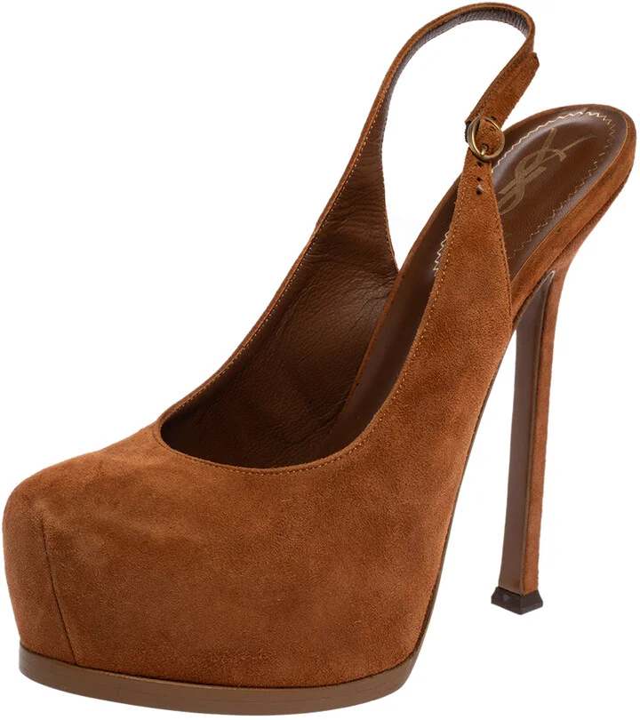 Saint Laurent Paris Brown Suede Tribtoo Slingback Sandals Size 37.5