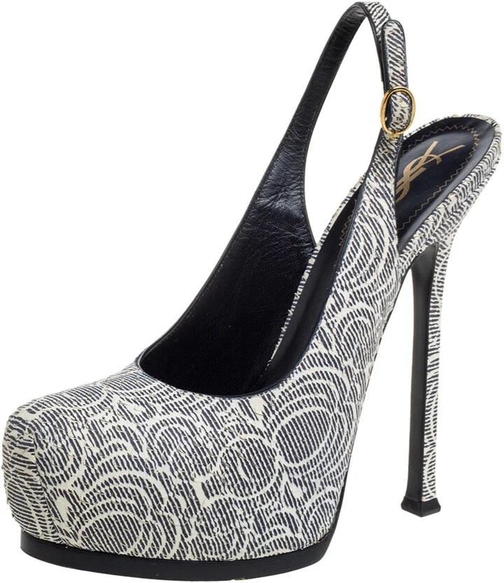 Saint Laurent Paris Cream/Black Printed Python Embossed Leather Tribtoo Slingback Platform Sandals Size 38.5