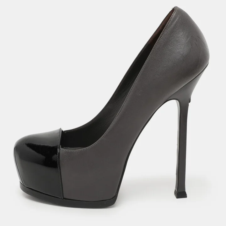 Saint Laurent Paris Grey/Black Leather Tribtoo Platform Pumps Size 38