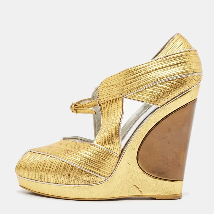 Saint Laurent Paris Metallic Gold Leather Venice Sculpted Wedge Platform Sandals Size 39