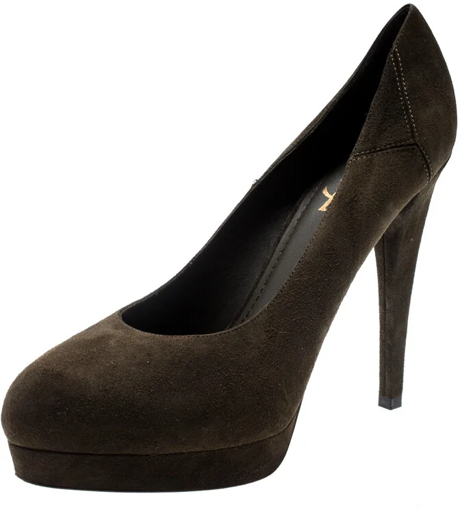 Saint Laurent Paris Olive Green Suede Platform Pumps 38