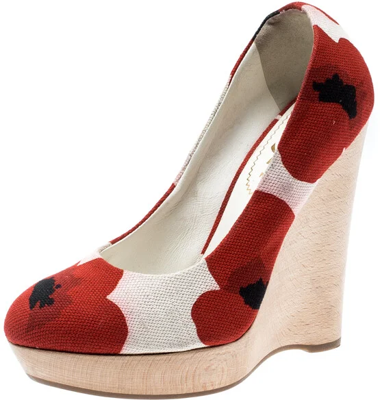 Saint Laurent Paris Red And White Printed Canvas Wedge Platform Pumps Size 35.5