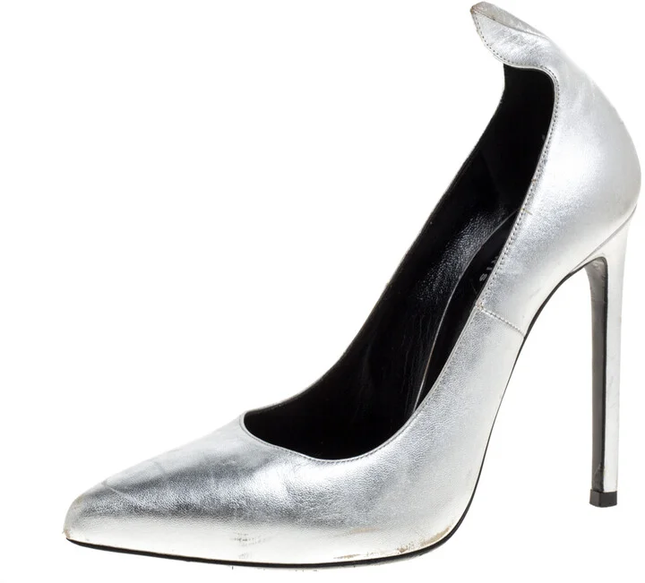 Saint Laurent Paris Silver Leather Thorn Pointed Toe Pumps Size 37