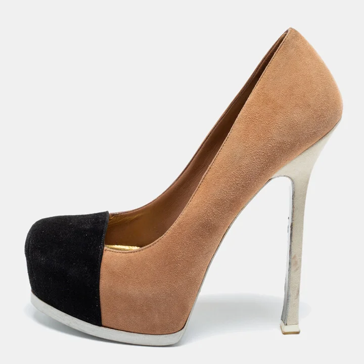 Saint Laurent Paris Tow Tone Suede Tribtoo Platform Pumps Size 37.5