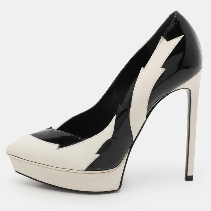 Saint Laurent Paris White/Black Leather and Patent Leather Janis Pumps Size 35.5