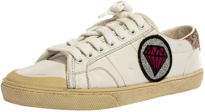 Saint Laurent Paris White Leather And Glitter Trim Court Classic SL/37 Diamond Patch Low Top Sneakers Size 35