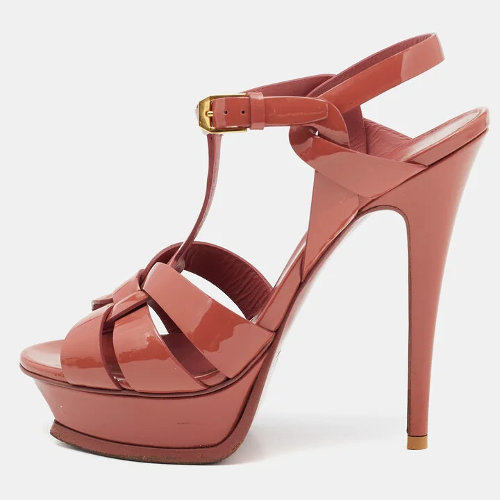 Saint Laurent Pink Patent Leather Tribute Sandals Size 37.5