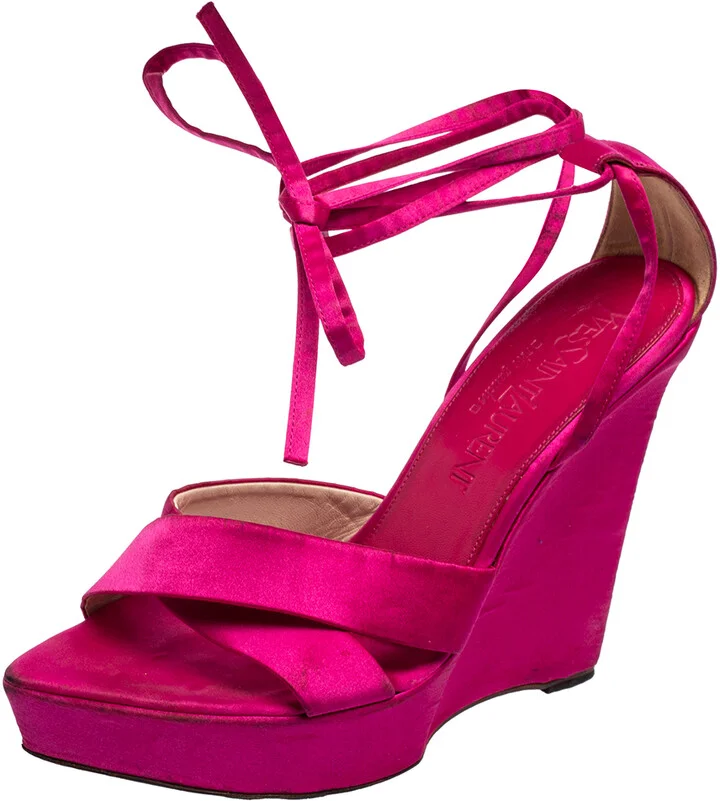 Saint Laurent Pink Satin Wedge Ankle Wrap Sandals Size 36