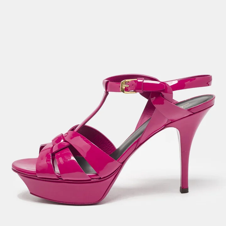 Saint Laurent Purple Patent Leather Tribute Ankle Strap Sandals Size 38.5
