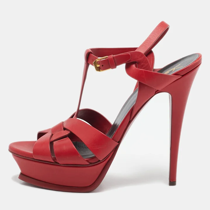Saint Laurent Red Leather Tribute Ankle Strap Sandals Size 41