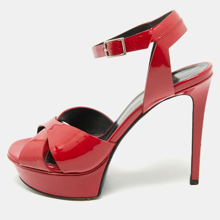 Saint Laurent Red Patent Leather Ankle Strap Platform Sandals Size 36