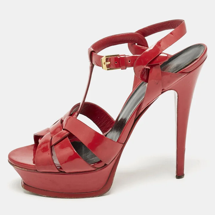 Saint Laurent Red Patent Leather Tribute Platform Sandals Size 38.5