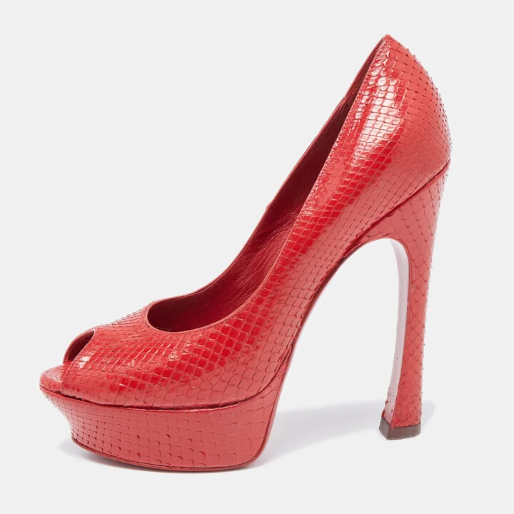 Saint Laurent Red Snakeskin Palais Platform Peep Toe Pumps Size 38