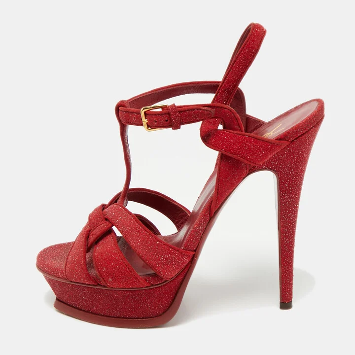Saint Laurent Red Suede and Quartz Tribute Platform Sandals Size 38