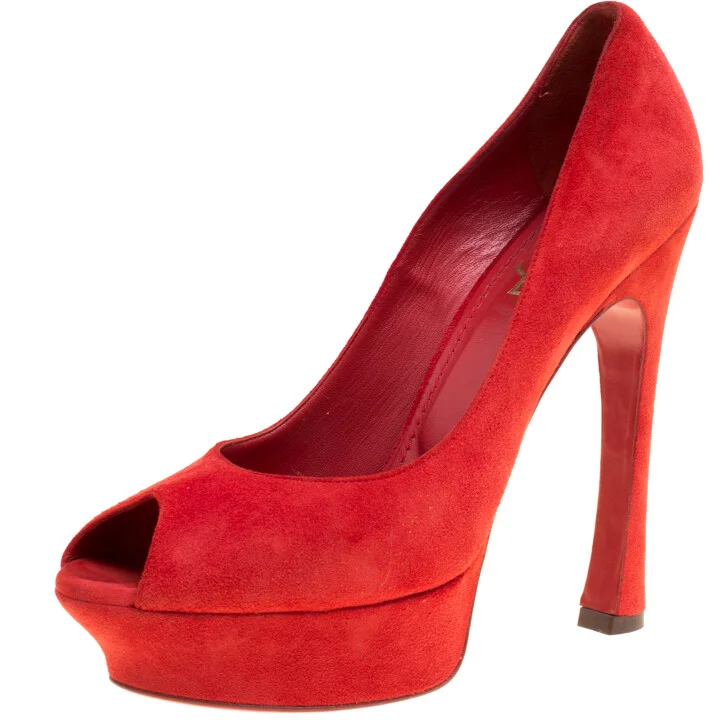 Saint Laurent Red Suede Palais Platform Peep Toe Pumps Size 40