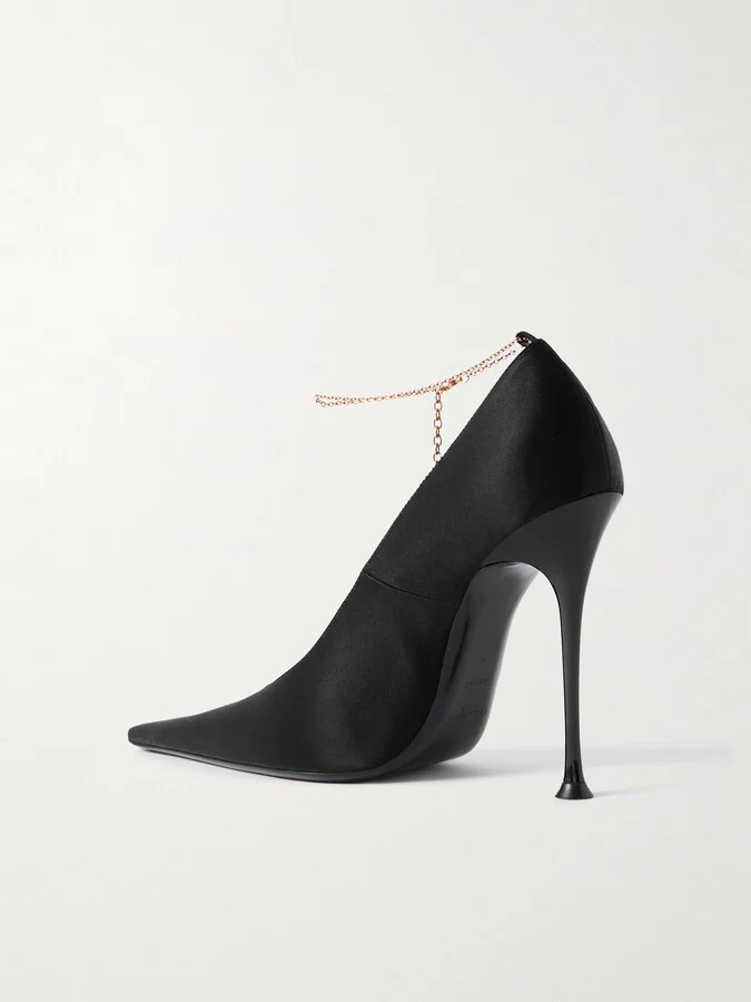 SAINT LAURENT - Régine Chain-embellished Satin Point-toe Pumps - Black - Image 3