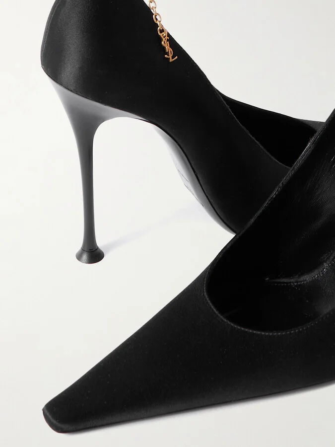 SAINT LAURENT - Régine Chain-embellished Satin Point-toe Pumps - Black - Image 4