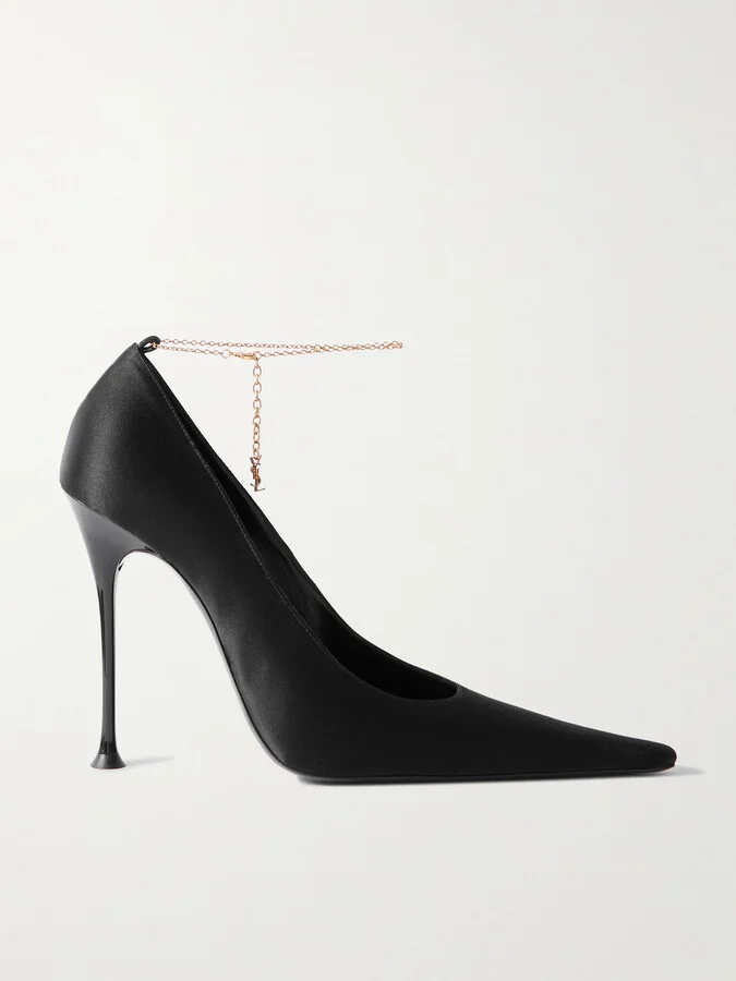 SAINT LAURENT - Régine Chain-embellished Satin Point-toe Pumps - Black