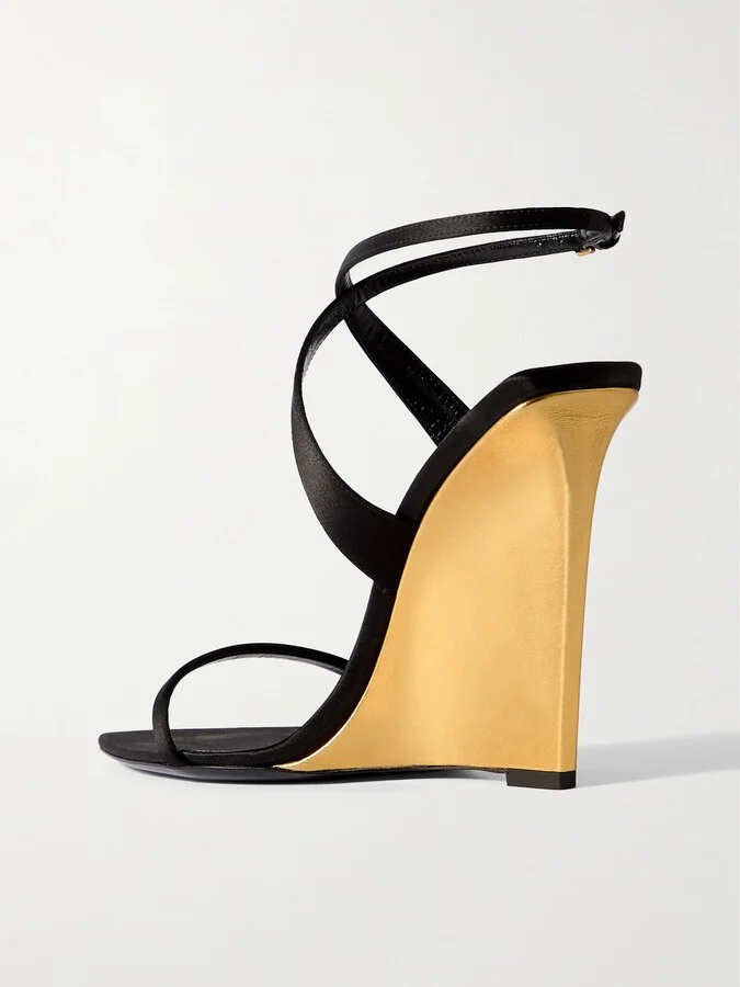SAINT LAURENT - Salome Satin Wedge Sandals - Black - Image 3