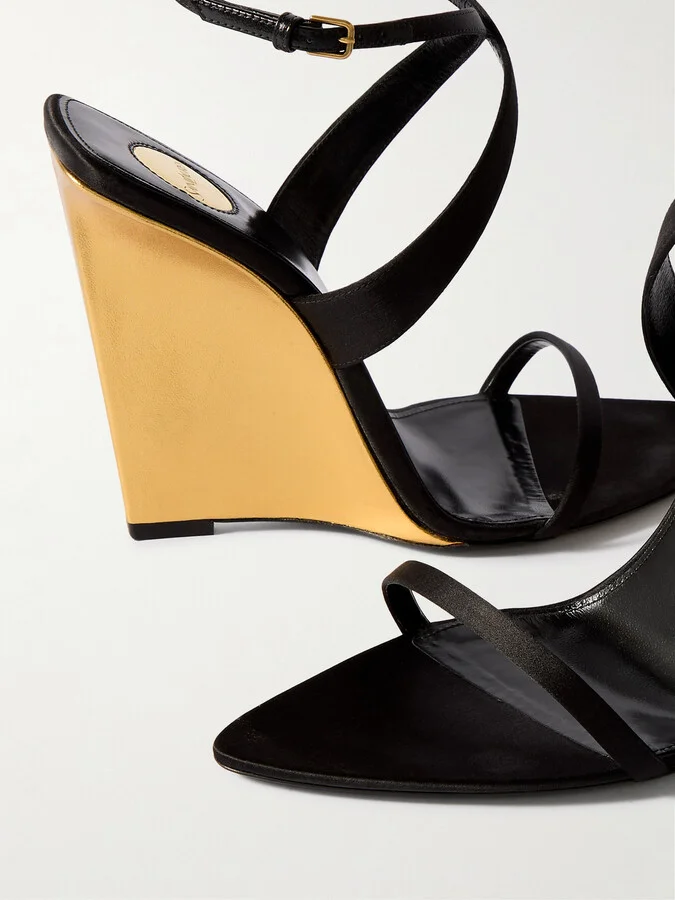 SAINT LAURENT - Salome Satin Wedge Sandals - Black - Image 4