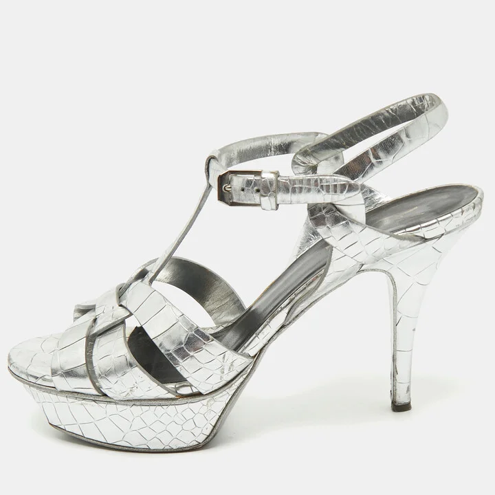 Saint Laurent Silver Croc Embossed Leather Tribute Ankle Strap Sandals Size 38.5