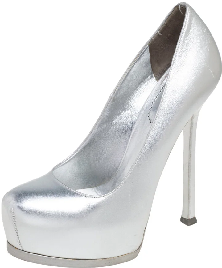 Saint Laurent Silver Leather Tribtoo Platform Pumps Size 37.5