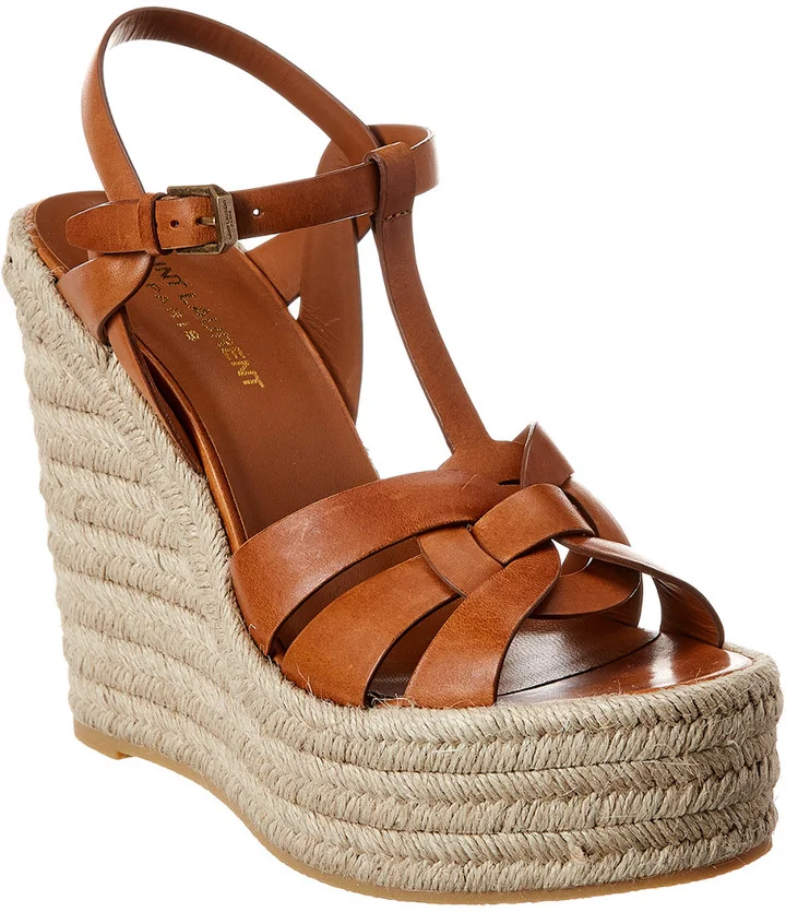 Saint Laurent Tribute 85 Leather Espadrille Wedge Sandal