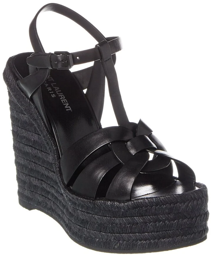 Saint Laurent Tribute 85 Leather Espadrille Wedge Sandal