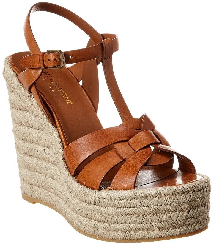 Saint Laurent Tribute 85 Leather Espadrille Wedge Sandal