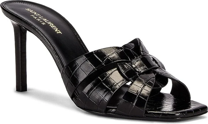 Saint Laurent Tribute Embossed Croc Mules in Black - Image 2