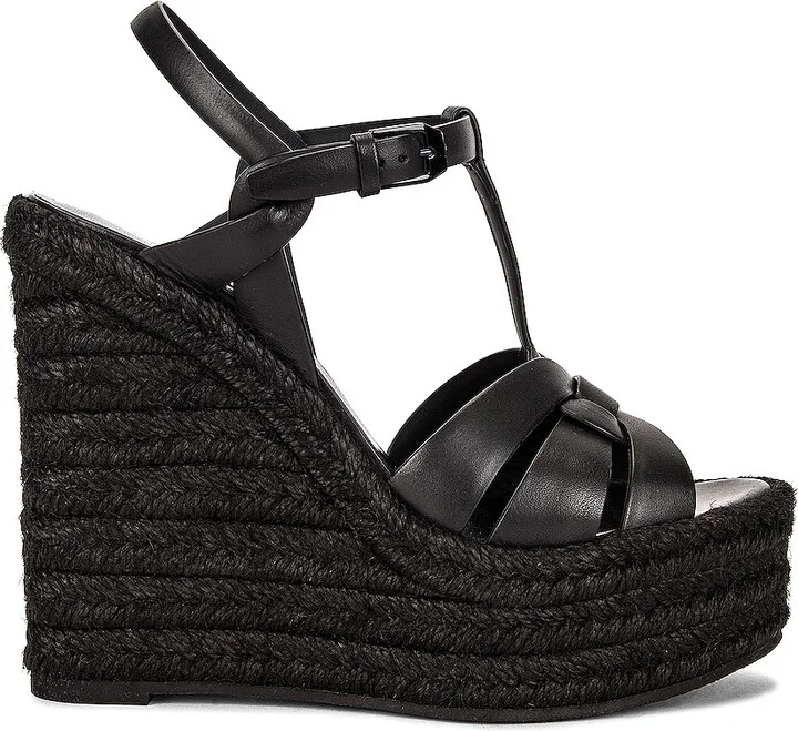 Saint Laurent Tribute Espadrille Wedge Sandals in Black