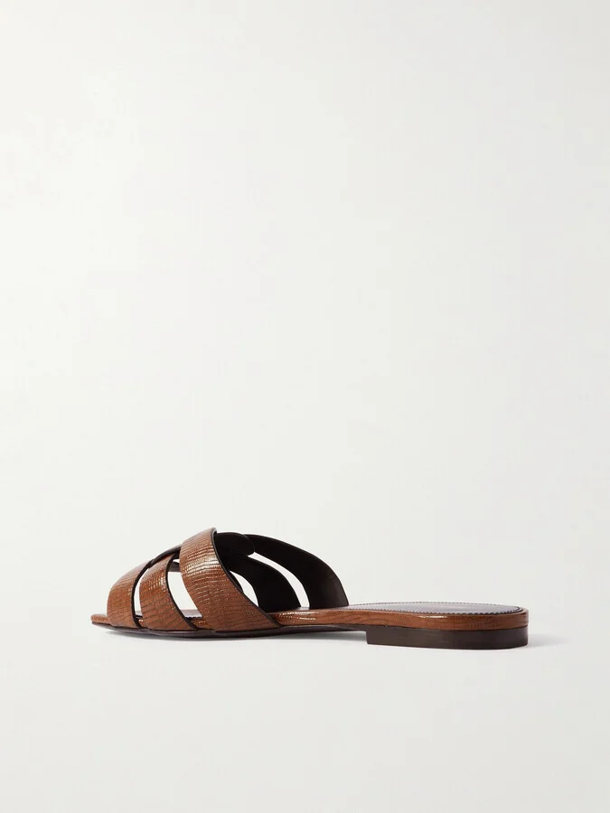 SAINT LAURENT - Tribute Lizard-effect Leather Slides - Brown - Image 3