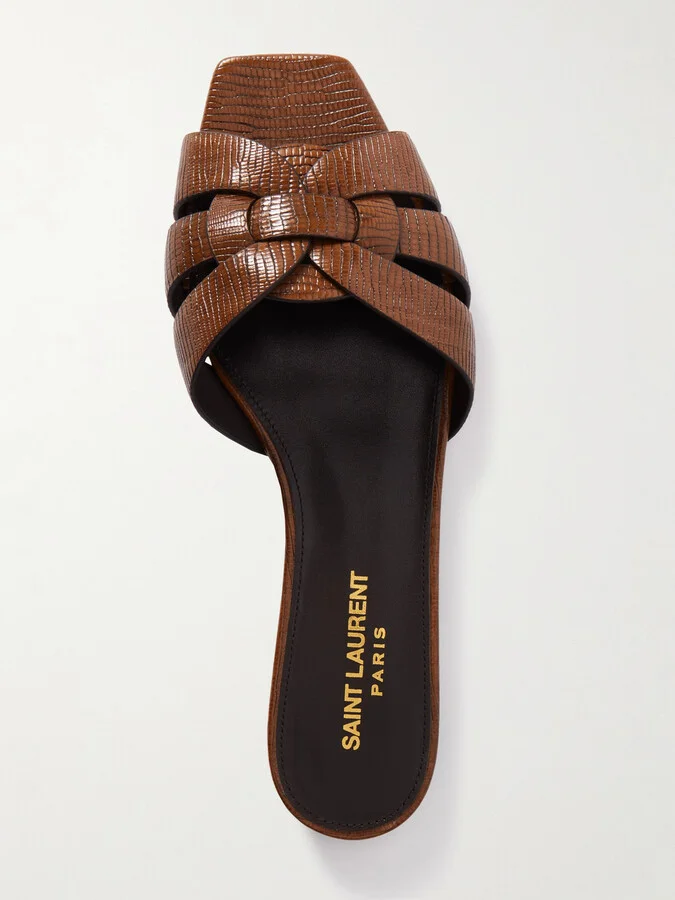SAINT LAURENT - Tribute Lizard-effect Leather Slides - Brown - Image 5
