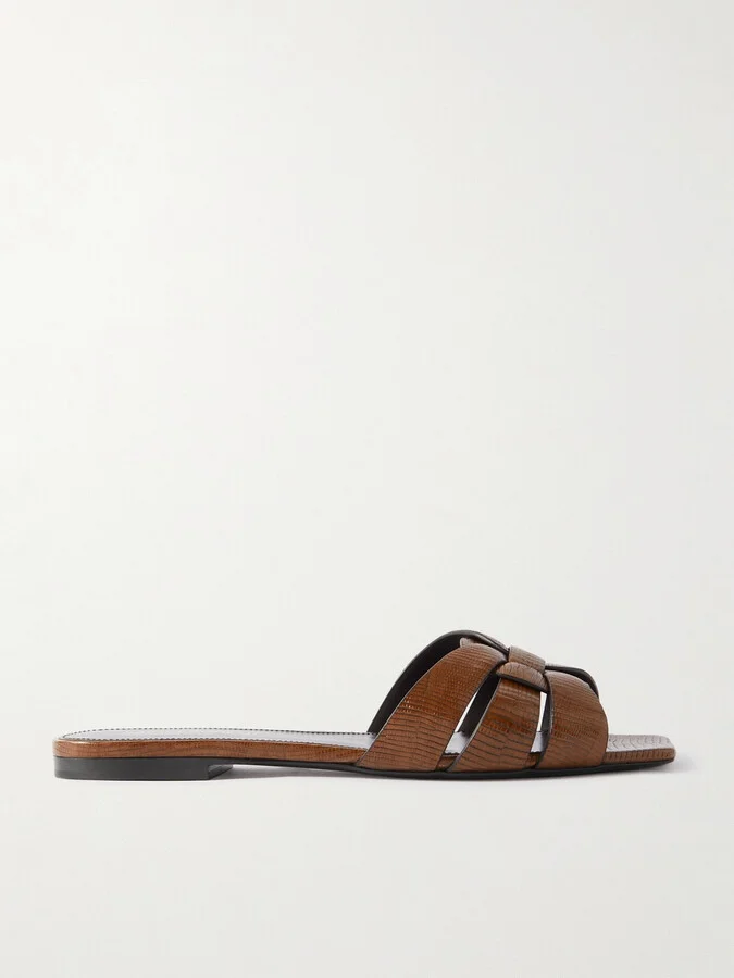 SAINT LAURENT - Tribute Lizard-effect Leather Slides - Brown