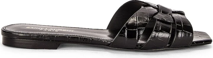 Saint Laurent Tribute Nu Pieds Embossed Croc Flat Sandals in Black