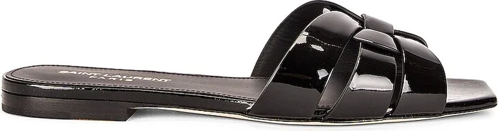 Saint Laurent Tribute Nu Pieds Patent Leather Flat Sandals in Black