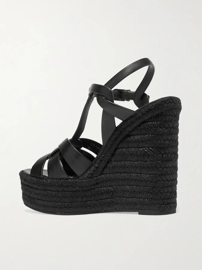 SAINT LAURENT - Tribute Woven Leather Espadrille Wedge Sandals - Black - Image 3