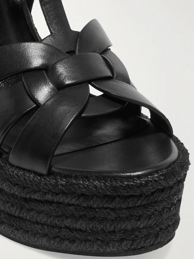 SAINT LAURENT - Tribute Woven Leather Espadrille Wedge Sandals - Black - Image 4
