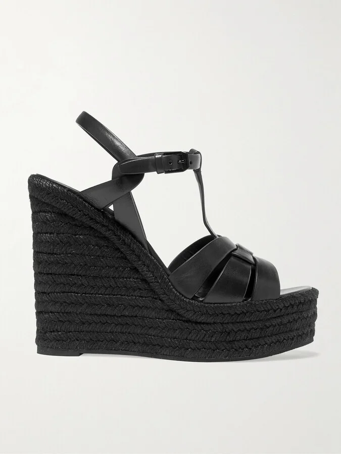 SAINT LAURENT - Tribute Woven Leather Espadrille Wedge Sandals - Black