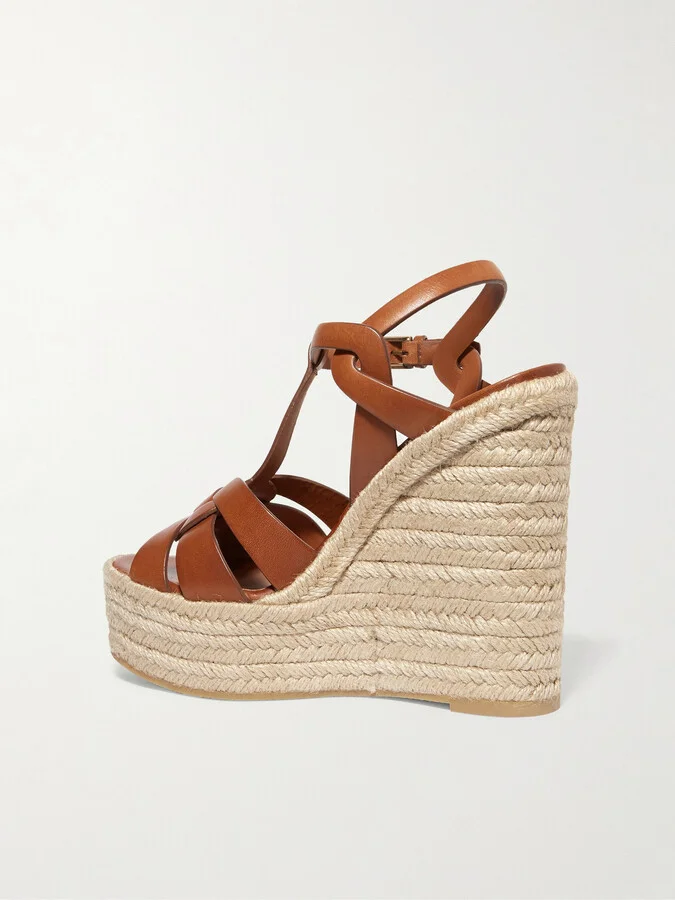 SAINT LAURENT - Tribute Woven Leather Espadrille Wedge Sandals - Brown - Image 3
