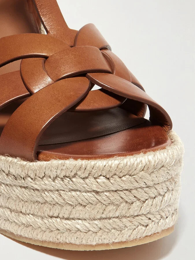 SAINT LAURENT - Tribute Woven Leather Espadrille Wedge Sandals - Brown - Image 4