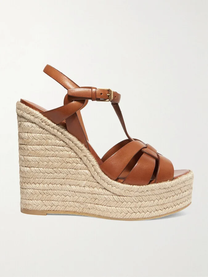 SAINT LAURENT - Tribute Woven Leather Espadrille Wedge Sandals - Brown
