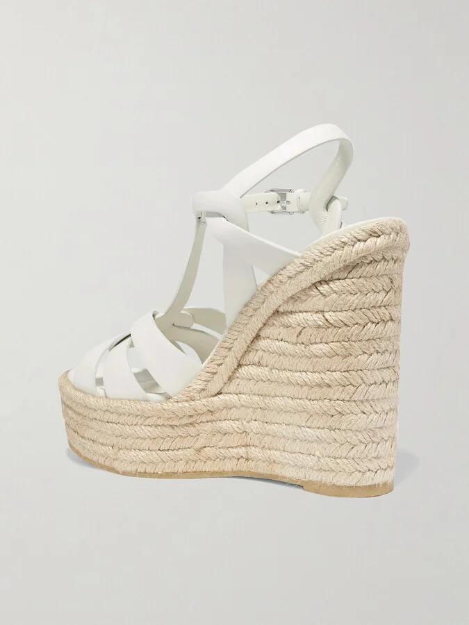 SAINT LAURENT - Tribute Woven Leather Espadrille Wedge Sandals - White - Image 3