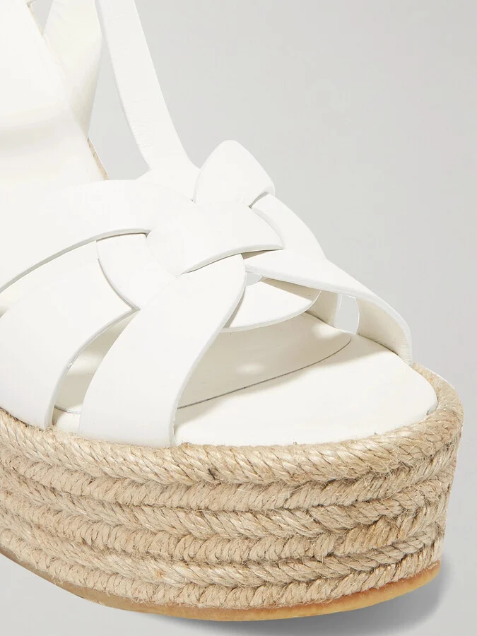 SAINT LAURENT - Tribute Woven Leather Espadrille Wedge Sandals - White - Image 4