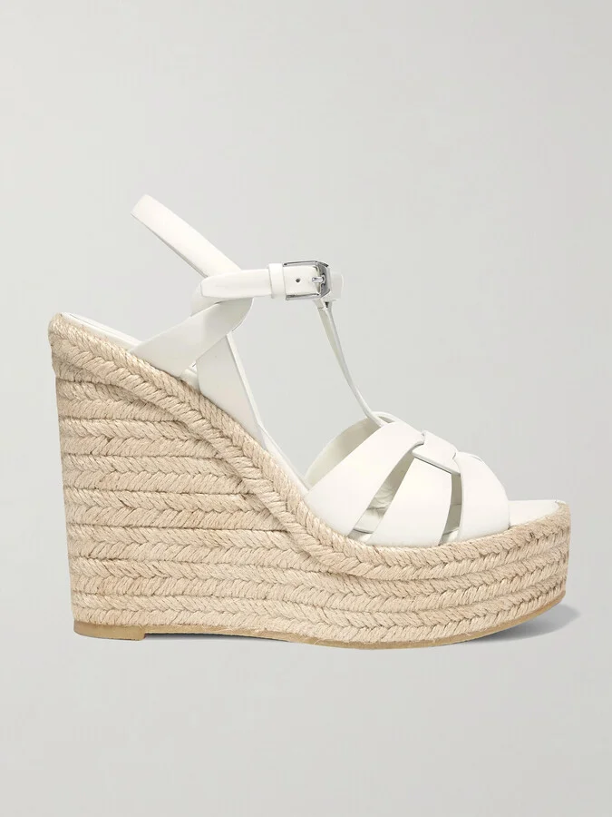 SAINT LAURENT - Tribute Woven Leather Espadrille Wedge Sandals - White