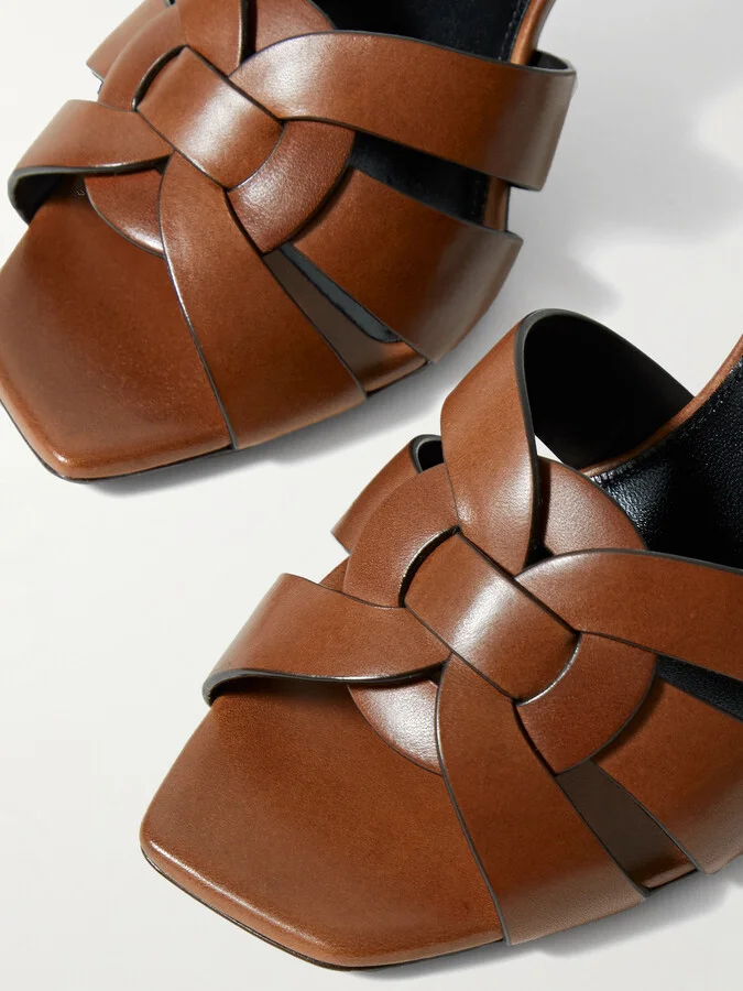 SAINT LAURENT - Tribute Woven Leather Mules - Brown - Image 4