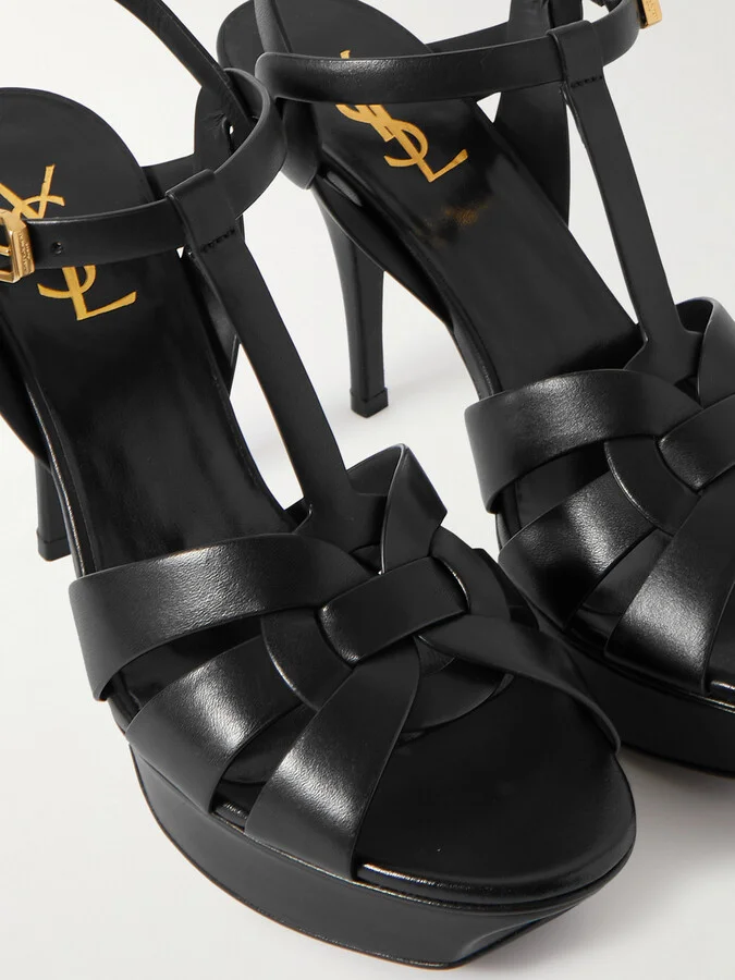 SAINT LAURENT - Tribute Woven Leather Platform Sandals - Black - Image 4