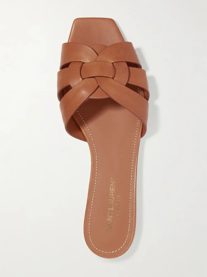 SAINT LAURENT - Tribute Woven Leather Slides - Brown - Image 5